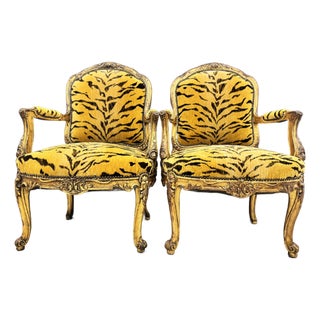 Pair of Antique Louis XV Gilt Scalamandre Tiger Fauteuils Large Arm Chairs Wow For Sale