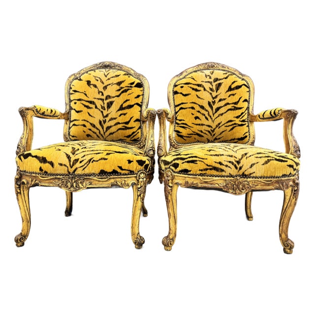 Pair of Antique Louis XV Gilt Scalamandre Tiger Fauteuils Large Arm Chairs Wow For Sale