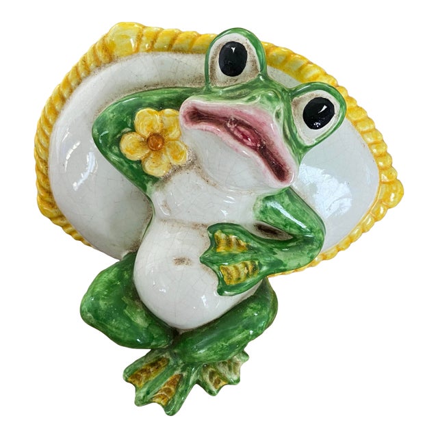 Vintage Mid to Late Twentieth Century Colorful Majolica Style Horchow Frog With Pillow Figurine For Sale