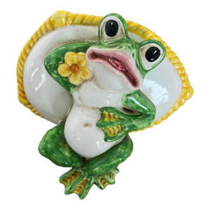 Vintage Mid to Late Twentieth Century Colorful Majolica Style Horchow Frog With Pillow Figurine