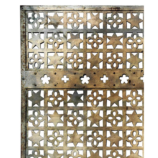 C. 1925 antique steel Moorish Deco style ventilator grille of impressive scale. Design features an overall pattern of...