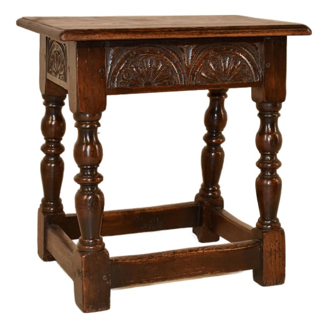 19th Century English Oak Carved Joint Stool For Sale