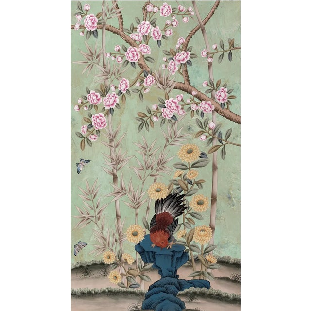 Not Yet Made - Made To Order 30" *60"/Panel, Chinoiserie Mint Green Pheasant Floral 2-Panel Wallpaper Panels, No Frame, Tea Paper For Sale - Image 5 of 6