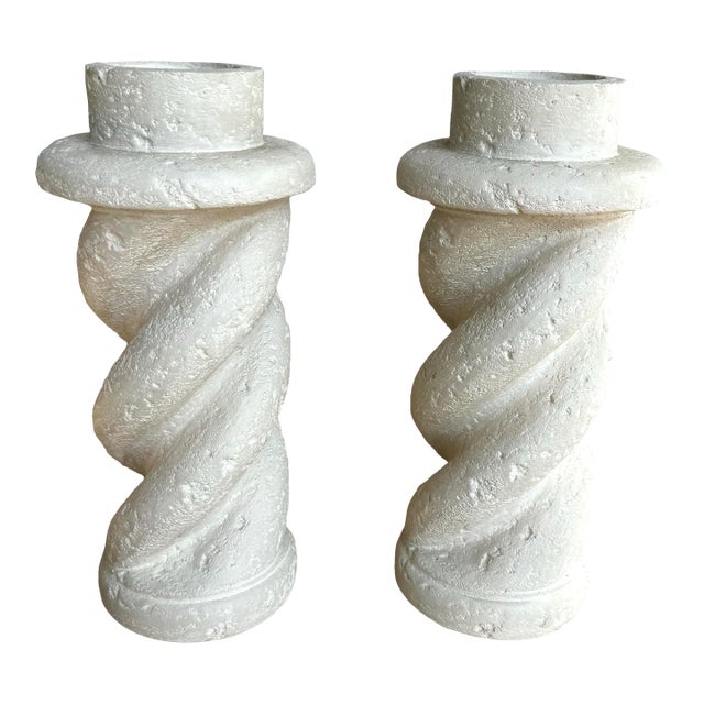 1988 Bon Art Michael Taylor Style Spiral Plaster Candlesticks, a Pair For Sale