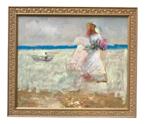 Vintage American Impressionist Oil Painting Girl Flowers on the Beach by Barton