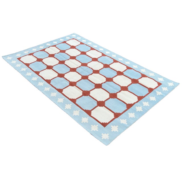Mid-Century Modern Handwoven Cotton Area Rug Vegetable Dyed Sky Blue and Terracotta Red Tile Patterned Gingham Dhurrie - 8'x10' For Sale - Image 3 of 11