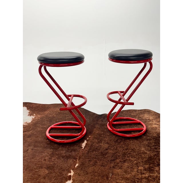 Textile 1980s Pair of Post Modern Bar Stools in Red & Black For Sale - Image 7 of 9