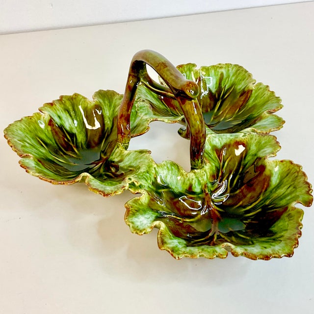 Vintage Americana Folk Art Majolica Faux Bois Leaf and Branch Relish Dish, 3 Sections. For Sale - Image 4 of 11