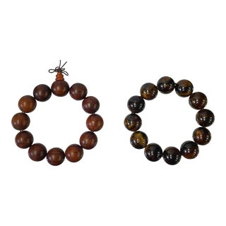 Set of 2 Brown Wood / Amber Resin Beads Hand Rosary Praying Bracelet For Sale