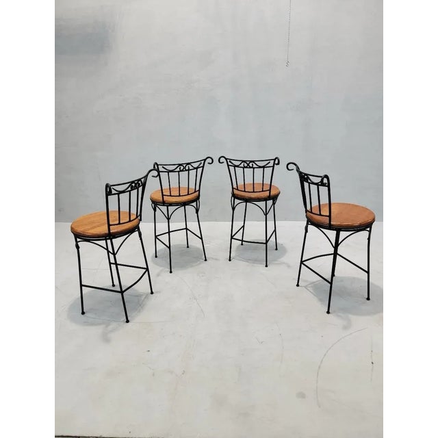 French Country Style Wrought-Iron and Wood Swivel Bar Stools - Set of 4 For Sale - Image 4 of 7