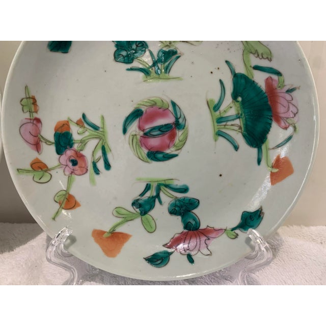 Mid 19th Century 19th Century Pair of Antique Chinese Porcelain Plate Famille Rose Peach Fruit Lotus Flowers For Sale - Image 5 of 12