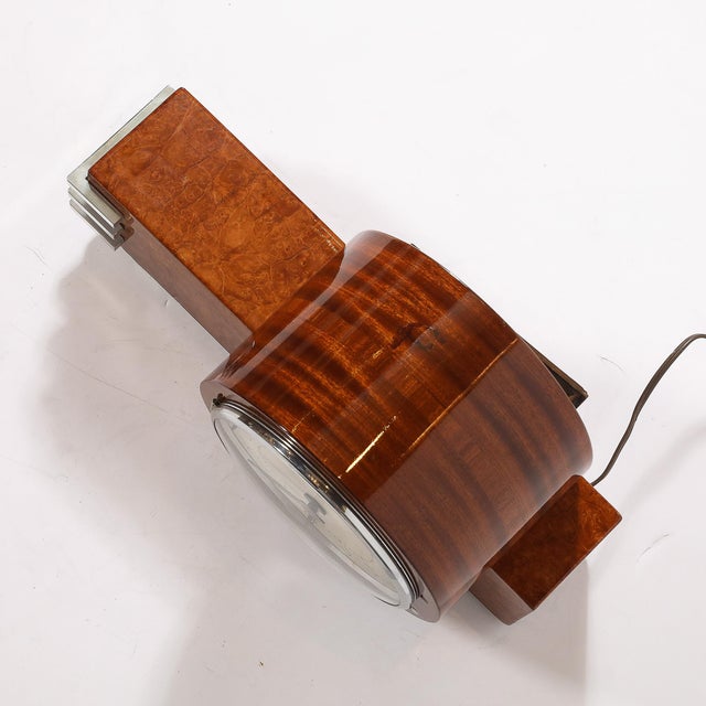 Brown Art Deco Machine Age Burled Walnut With Aluminum Banded Detail Electric Clock For Sale - Image 8 of 12