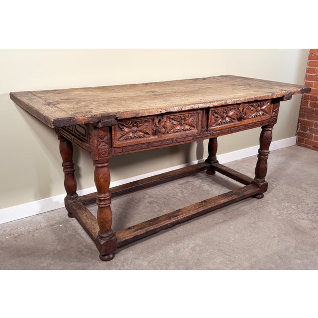 Early 18th Century Rare Antique 17th/18th Century European Rustic Oak Hand Carved Refectory Table For Sale - Image 5 of 18