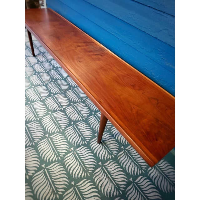 Long Drexel Mid-Century Modern Walnut Bench Coffee Table | Danish Modern Entry Bench For Sale - Image 9 of 12