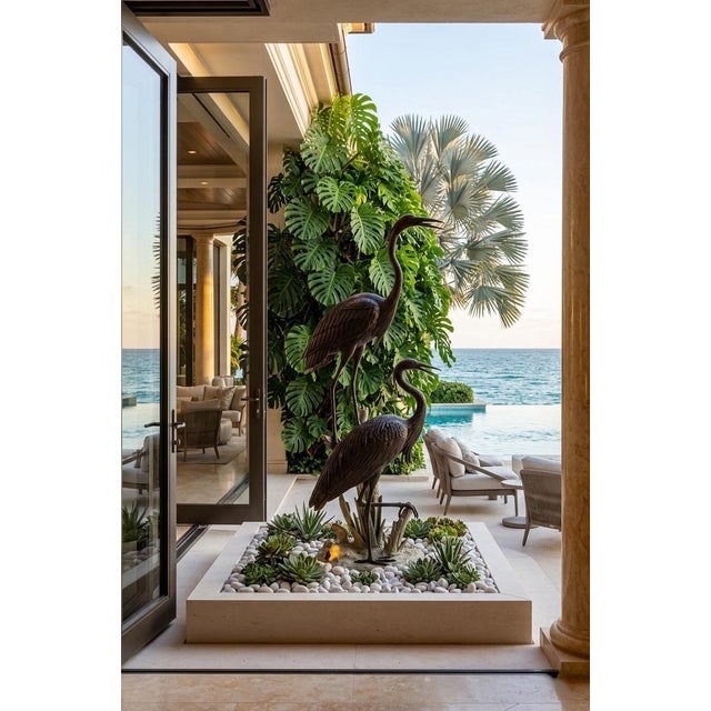 Metal Monumental 75" Verdigris Bronze Heron and Crane Garden Sculpture For Sale - Image 7 of 12