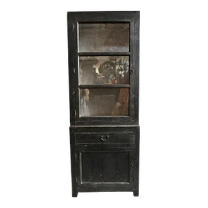 Vintage Black Elm & Glass Single Display Cabinet