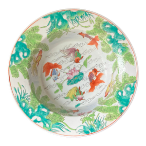 Vintage Chinese Hand-Painted Porcelain Centerpiece Bowl With Koi Fish and Lotus Motif