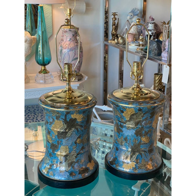 Vintage Large Floral Porcelain Chinoiserie Blue Drum Table Lamps New Wiring -A Pair For Sale - Image 12 of 13