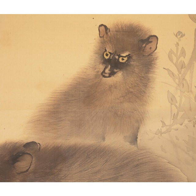 "Raccoons Under the Moon" by Mochizuki Seiho, Miji Japanese Silk Scroll Painting For Sale - Image 11 of 18
