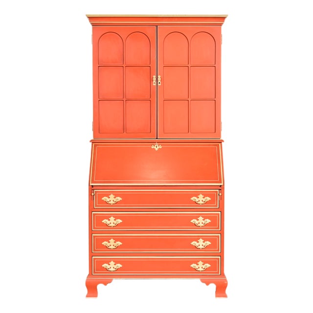 Baker Furniture Style Georgian Red Lacquered Bureau With Drop Front Secretary Desk, Circa 1970s For Sale