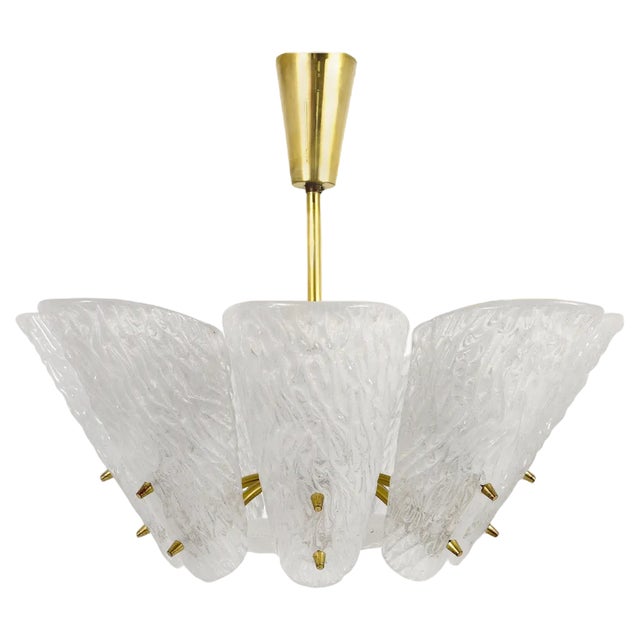 Mid-Century Brass Chandelier with White Textured Glass Lamp Shades attributed to J. T. Kalmar for Kalmar, 1950s For Sale