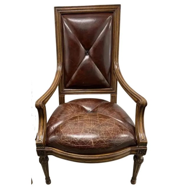 1 of 2 18c Style Hendrix Allardyce Tufted Leather Giltwood Arm Chair For Sale - Image 4 of 7