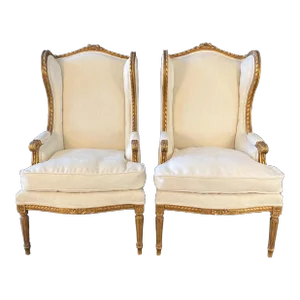 French Louis XVI Giltwood Wingback Armchairs or Bergeres -A Pair