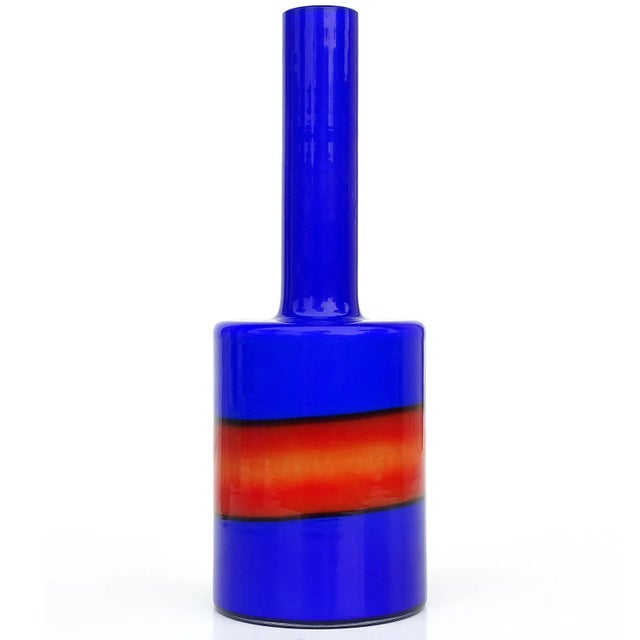 Mid-Century Modern Murano Vistosi Bianconi Bright Blue Red Stripe White Vintage Italian Art Glass Flower Vase With Label For Sale - Image 3 of 8