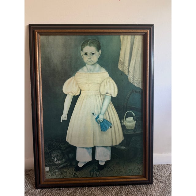 Vintage Folk Art Print on Wood Little Girl Pointing at Cat For Sale - Image 4 of 6