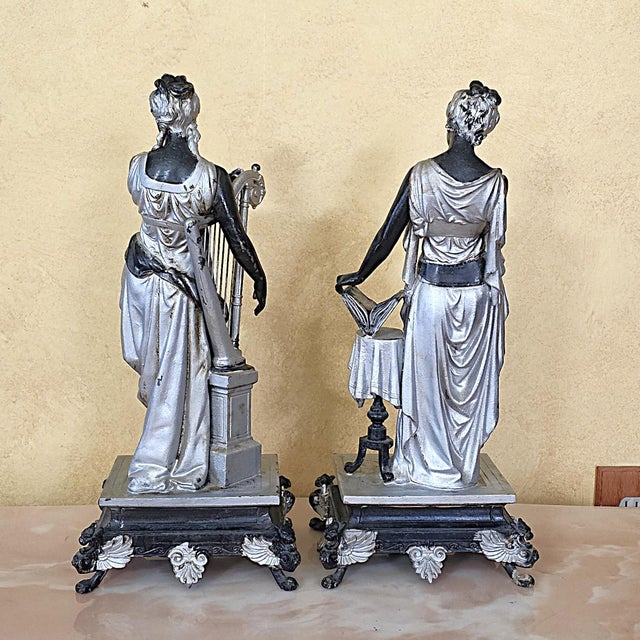 19th-Century Victorian Spelter Greek Muse & Classical Maiden Statues – Pair For Sale - Image 4 of 18