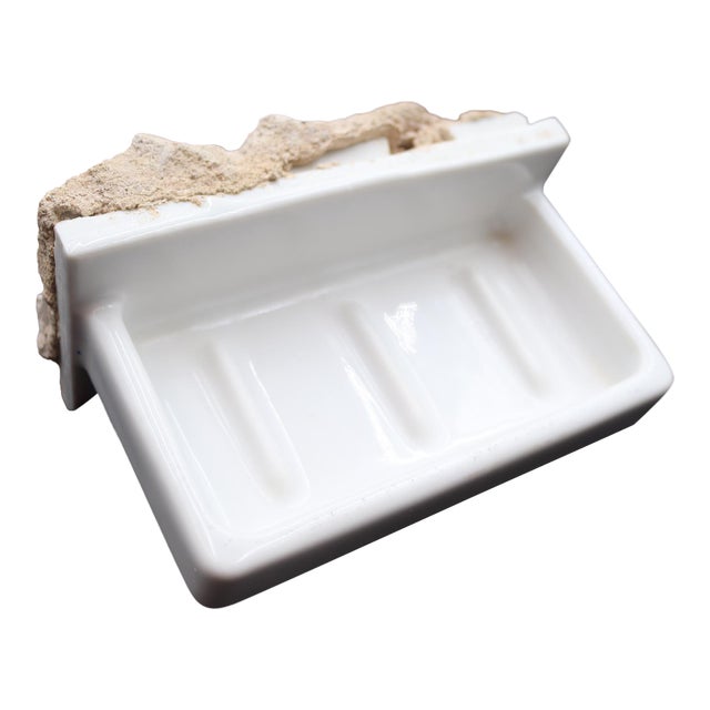 Reclaimed Vintage White Ceramic Bathroom Soap Dish For Sale