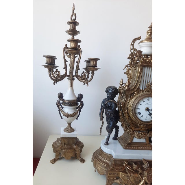 Lancini Clock with Louis XVI Style Candlesticks, 1940s, Set of 3 For Sale - Image 6 of 18