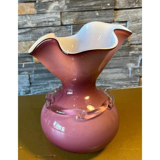 Glass Vintage Mauve Art Glass Bulbous Handkerchief Vase For Sale - Image 7 of 10