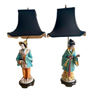 1970s Signed Domenico Poloniato Monumental Italian Chinoiserie Figural Lamps With Original Pagoda Shades - a Pair For Sale