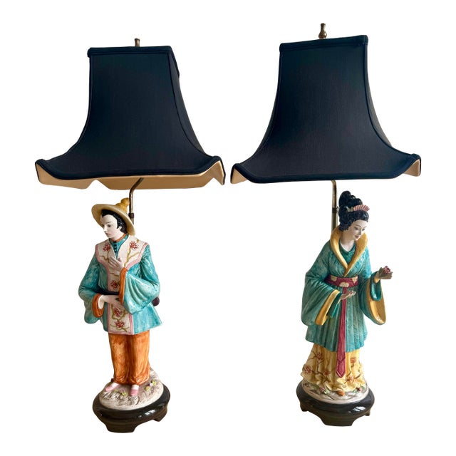 1970s Signed Domenico Poloniato Monumental Italian Chinoiserie Figural Lamps With Original Pagoda Shades - a Pair For Sale