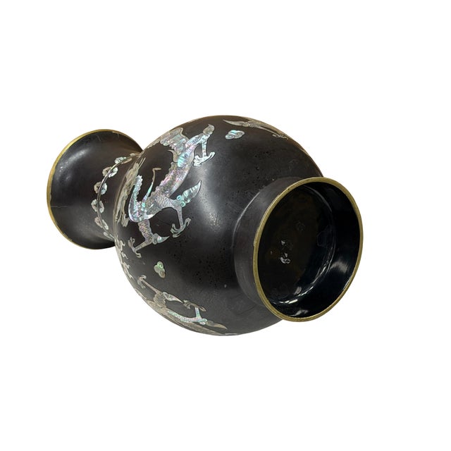 Vintage Metal Black Paint Mother of Pearl Double Dragon Art Vase For Sale - Image 9 of 12