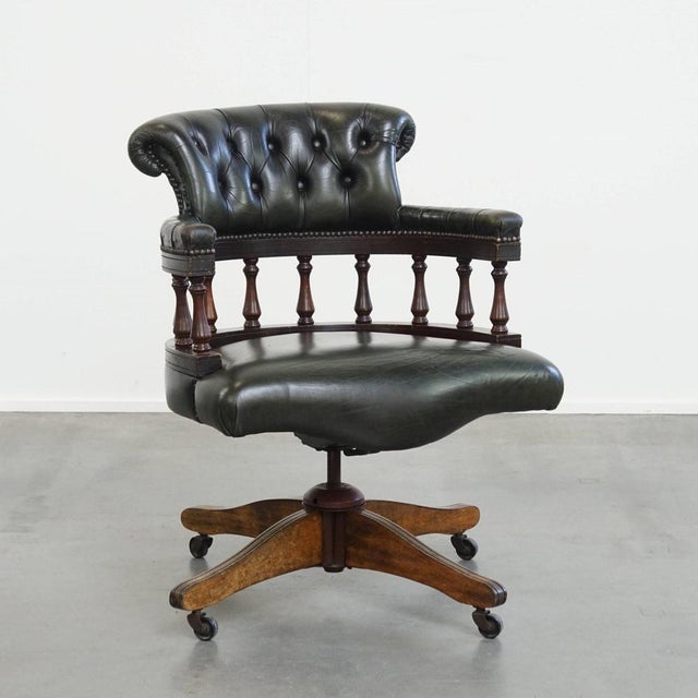 Dark Green Cowhide and Wooden Height Adjustable Swivel and Tilt Chesterfield Office Chair For Sale - Image 17 of 17