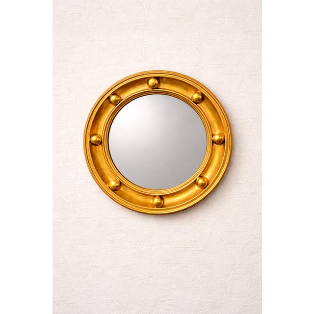 Hollywood Regency Mid 20th Century Pair of Gilt Studded Convex Wall Mirrors For Sale - Image 3 of 5