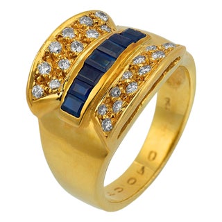 Vintage Sapphire Diamond 18k Yellow Gold Cocktail Ring, Size 6.5 For Sale