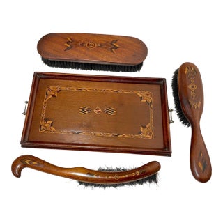 4 Piece Antique Handmade Folk Art Marquetry Wood Brush Vanity Grooming Set For Sale