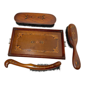 4 Piece Antique Handmade Folk Art Marquetry Wood Brush Vanity Grooming Set