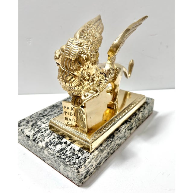Vintage Brass Winged Lion Sculpture on Marble Base For Sale In Louisville - Image 6 of 12