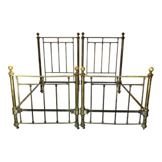 Pair of Antique Victorian Brass Twin Beds With Original Cast Iron Dovetail Rails For Sale