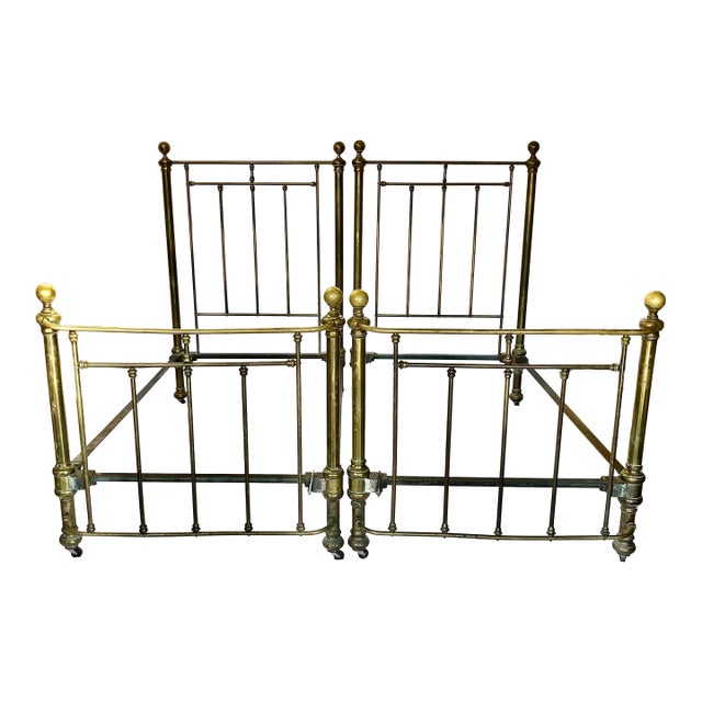 Pair of Antique Victorian Brass Twin Beds With Original Cast Iron Dovetail Rails For Sale