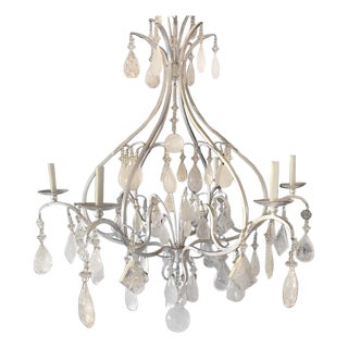 Late 20th Century. Large Silver Leaf Wrought Iron & Rock Crystal 6-Light Chandelier For Sale
