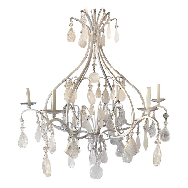Late 20th Century. Large Silver Leaf Wrought Iron & Rock Crystal 6-Light Chandelier For Sale