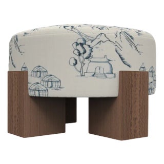 Cassette Pouf in Outside Tarim Blue Fabric and Smoked Oak by Alter Ego for Collector For Sale