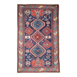 Late 19th Century Antique Blue Field Tribal Figures Caucasion Shirvan Rug-6' 7'' X 3' 9 For Sale