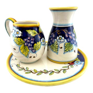 Vintage Hand Painted Italian Serving Set With Pitcher, Carafe and Tray Set- 3 Pieces For Sale