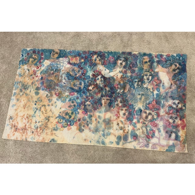 Ethereal Watercolor Style, Crowd of Faces Decorative Textile Artwork Signed Saint Amant For Sale - Image 16 of 16